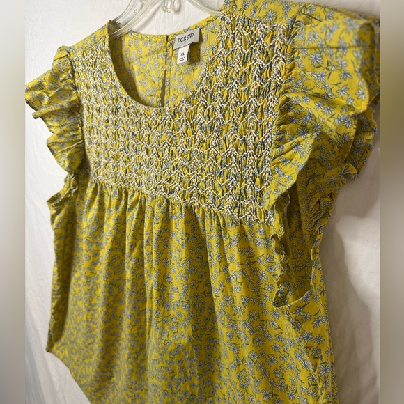 J. Crew Tops - J.Crew XL Yellow Floral Smocked Top Ruffle Sleeve Peplum Blouse